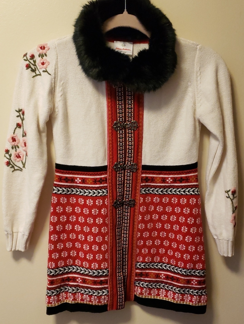 Hanna Andersson Cream Cardigan with Red Nordic Panels and Black Faux Fur Collar